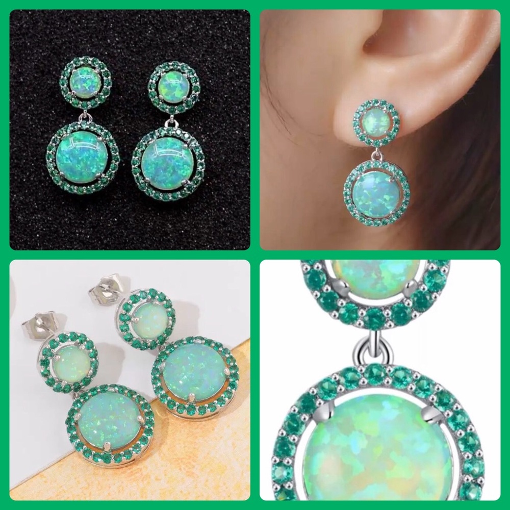 VINTAGE STYLE GREEN OPAL CRYSTALS DANGLE EARRINGS.